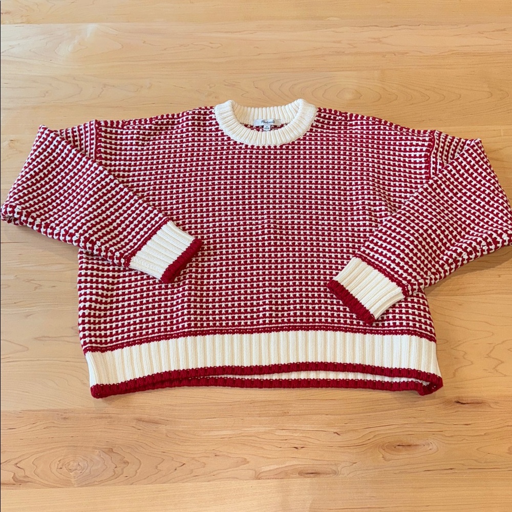 Women’s Madewell Textured Stitch Crewneck Sweater in  Ivory and Ruby Stripe M - Picture 4 of 12